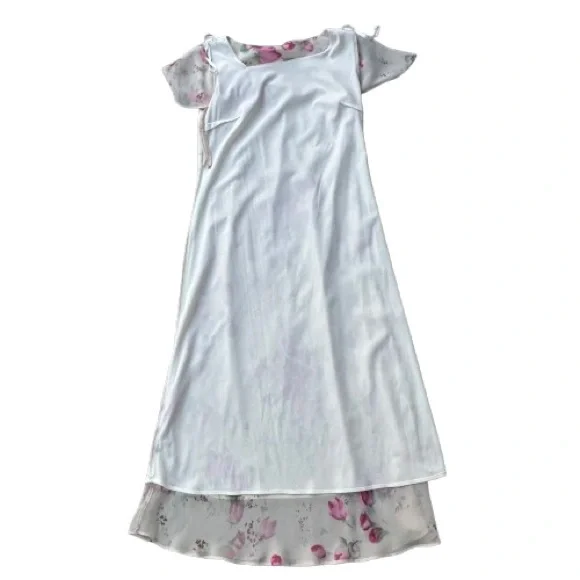 Dressbarn Women' 8 Ivory Cream Pink Floral Chiffon Short Sleeve Maxi Dress - Picture 9 of 16